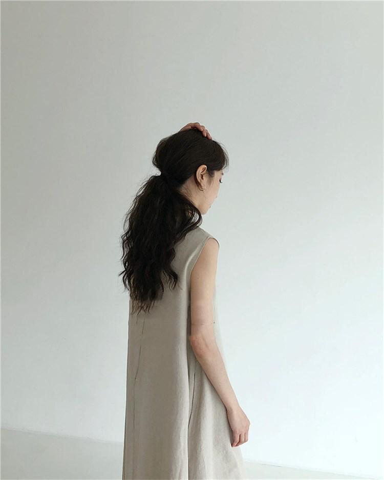 Korean Chic Pumpkin-Colored Sleeveless Cotton Linen Swing Dress