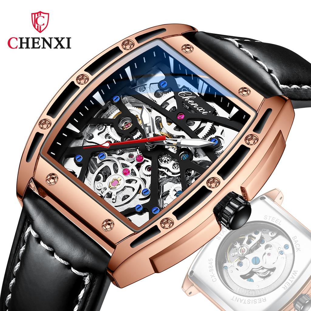 New TOP Brand Luxury Men's Watch With Box Men's Wine Barrel-shaped Hollow Automatic Leather Waterproof Men's Mechanical Watches