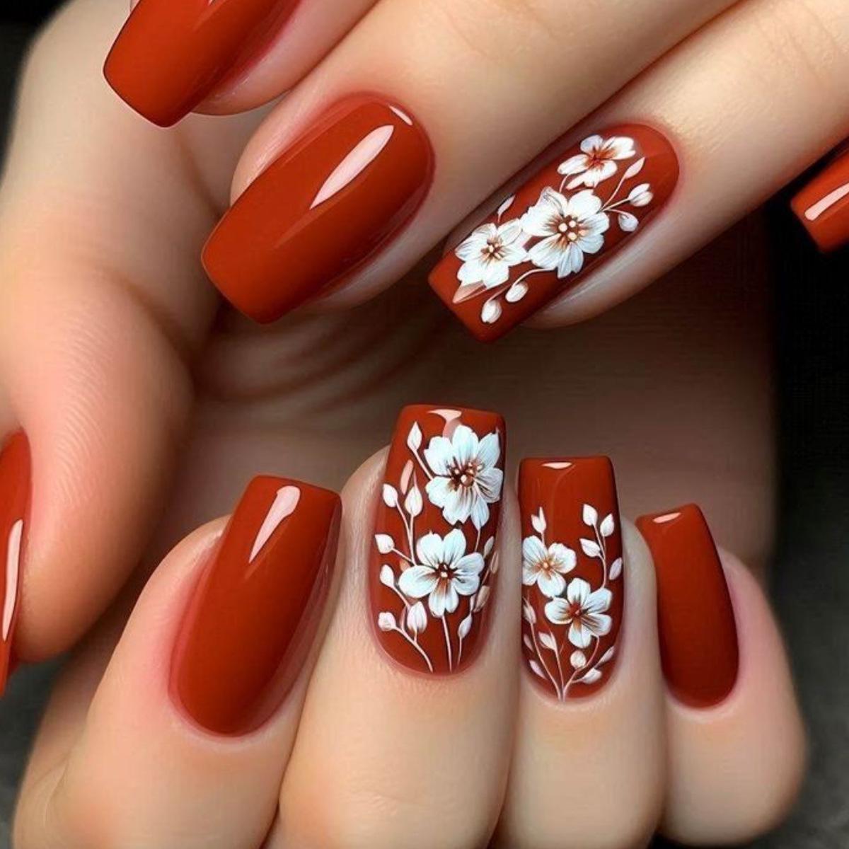 Detachable Square Floral Red Wearable Nail Tips