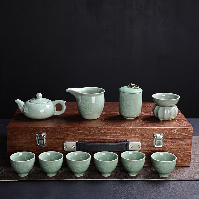 Ge Kiln Tea Set Kung Fu Tea High-end Gift Box Souvenir Ceramic Teapot Teacup Kung Fu Household Full Set
