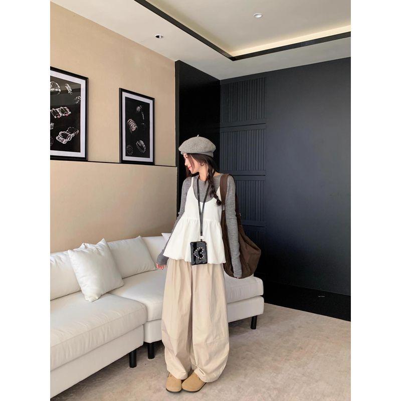 Kumikumi Gray Long Sleeve Knit Stacked White Cami Women Autumn Loose Casual Pants Three-Piece Set