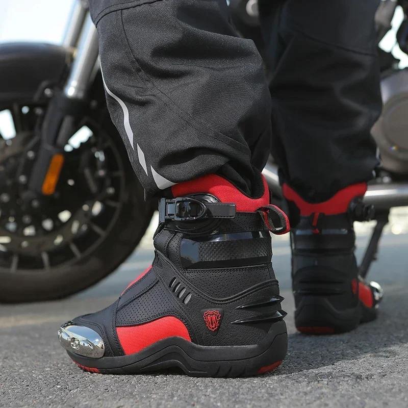 Pánské motocyklové boty, prodyšné, proti pádu, silniční závodní boty, reflexní motocyklové boty s gumovou podrážkou, řadicí páka