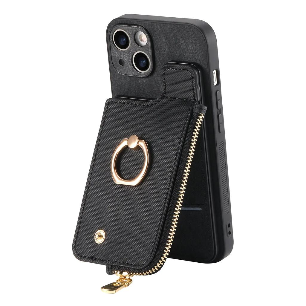 Vertical Cards Slot Ring Holder Zipper Wallet Case For iPhone 15 Pro Max 14 Plus 13 12 11 XS X XR 7 8 SE 2022 Bag Pocket Cover