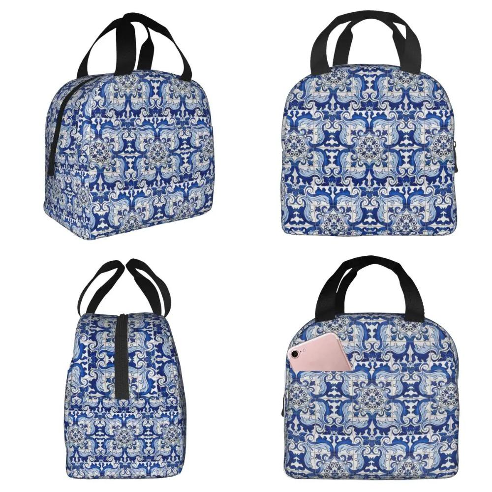 Antique Classic Lisbon Blue Azulejo Tile Floral Pattern Insulated Lunch Bag for WomenOffice Cooler Thermal Food BoxTote Portable