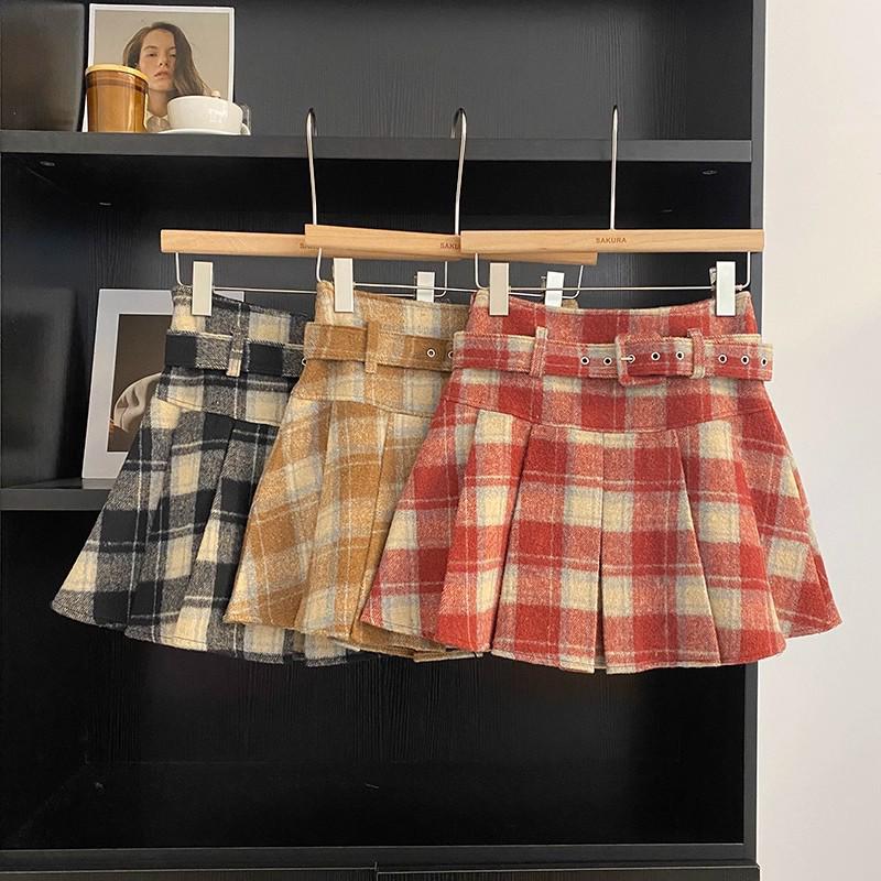 Women's Retro Plaid Wool Blend High Waist Pleated Skirt - Autumn/Winter Academy Style A-Line Short Skirt