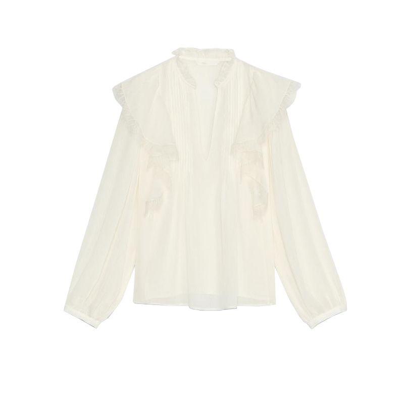 

Spring New Women s Clothing Croc Style Lace Laminated Decoration Elegant V-neck Long Sleeve Shirt 5029052 raw white L