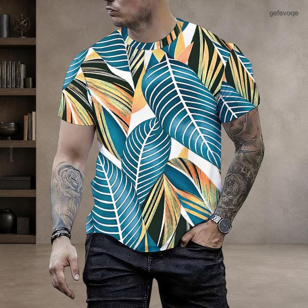 Men Plus Size Round Neck Short Sleeve Blue Yellow Tropical Leaf Printed T Shirt