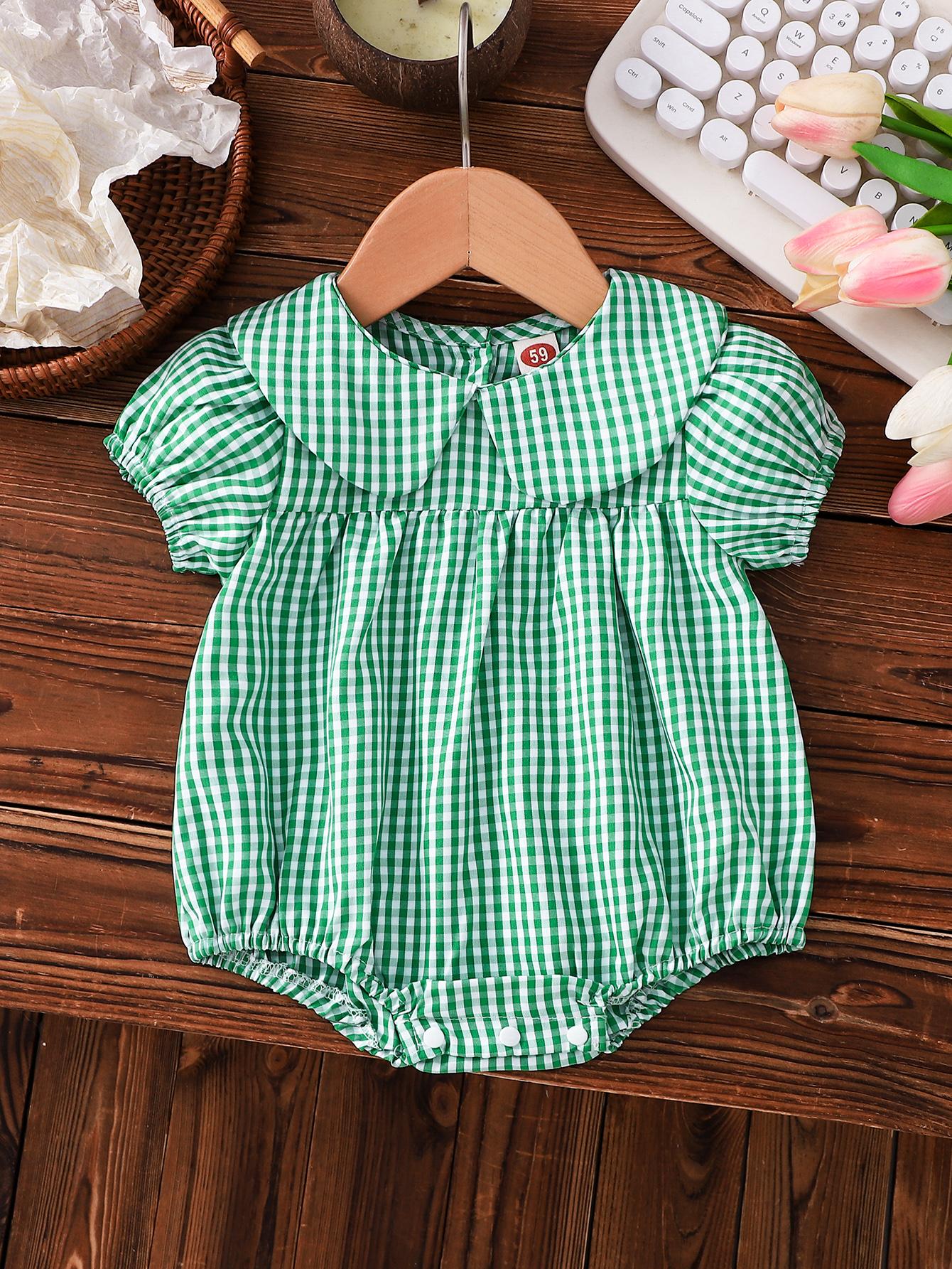 

Baby Girl Summer Romper, Dusty Pink Plaid Peter Pan Collar Bodysuit with Puff Sleeves 59/66/73/80/90 aero синього кольору