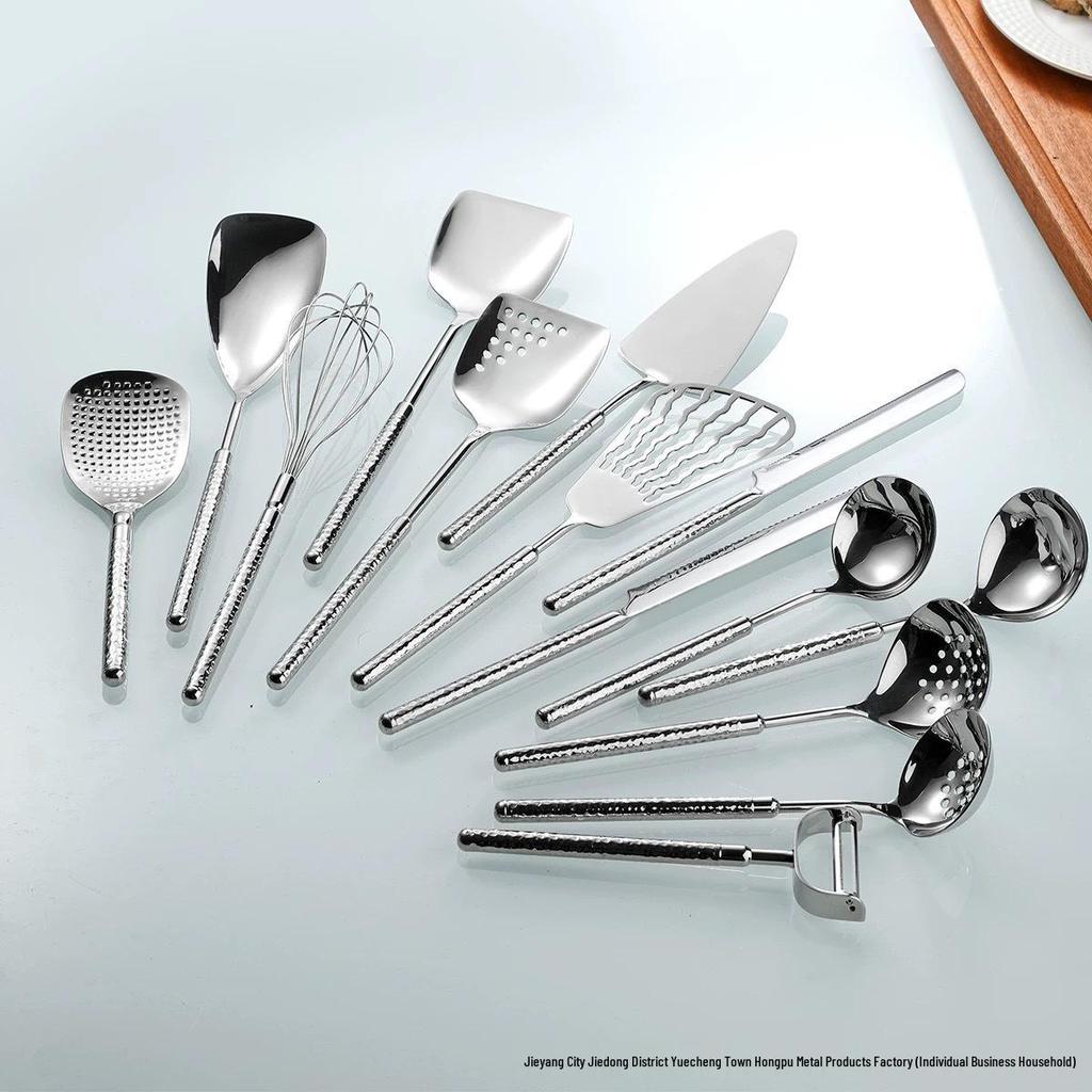 Round Diamond Cutlery Set: 304 Stainless Steel Steak Knife, Fork, Spoon, Spatula, Ladle, Slotted Spoon, Frying Spatula.