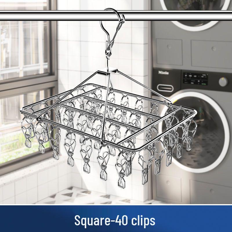 Stainless Steel Multifunctional Windproof Sock and Clothes Hanger with Clips for Home and Dorm Use.