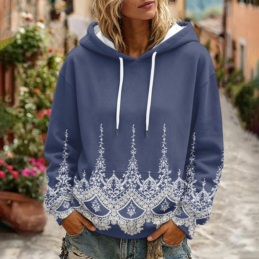 Women's Floral Print Casual Hoodie with Pocket and Long Sleeve Top