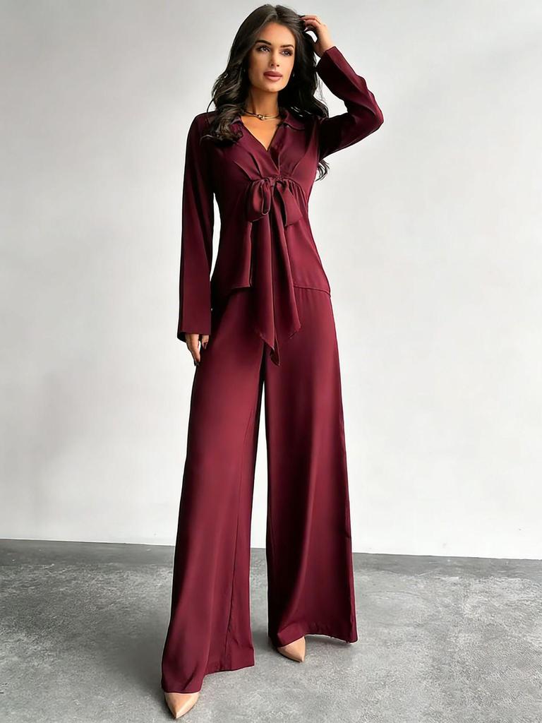 2025 Women's Autumn Casual Set: Solid Color Drawstring Top & Wide-Leg Pants