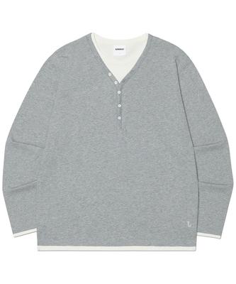 Nomaenyueol Layered Henley Neck Long Sleeve Tee - Gray