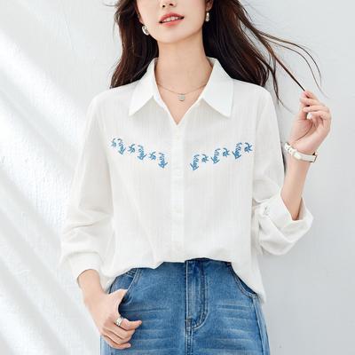 Chemise en Coton Brodé pour Femme Manches Longues Printemps et Automne Nouvelle Chemise Décontractée