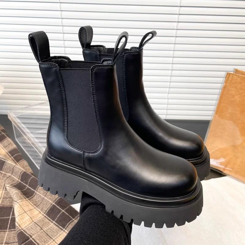 

Кожаные короткие ботинки женские весна и осень новые одинарные челси ботинки на толстой подошве с увеличением роста ботинки Мартина ботинки-сигареты 40 чёрный