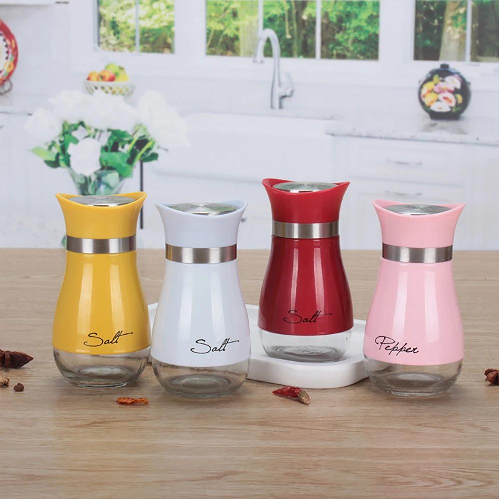 Cute Salt And Pepper Stainless Steel Glass Bottom Spice Dispenser Sea Salt Sugar Refillable Pepper Seasoning Cans Spice Jar