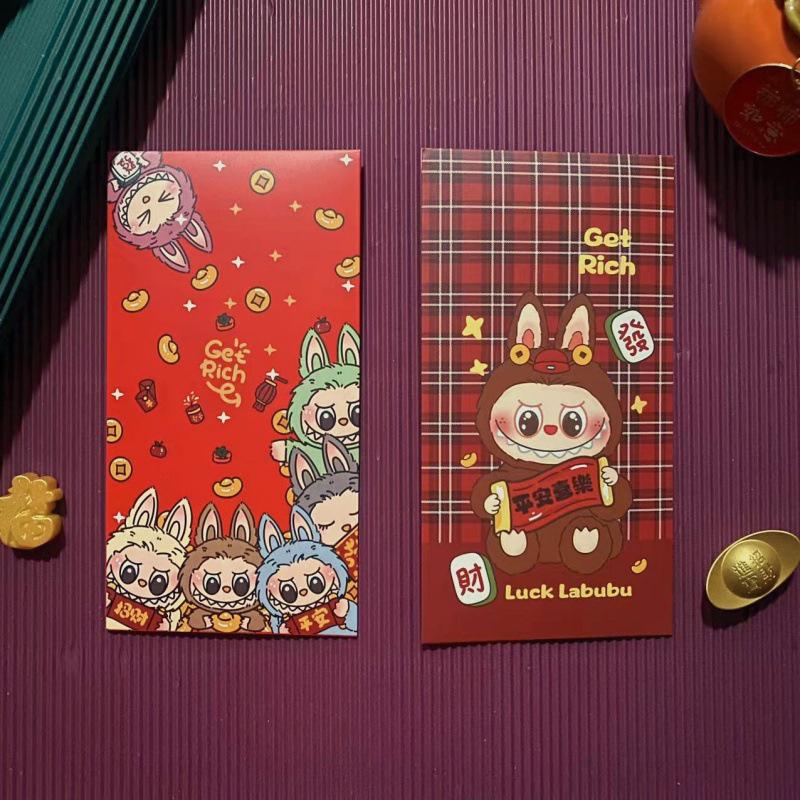Lot de 10 enveloppes rouges Labubu de l'année chinoise, mignonnes, animées, pour le festival du printemps, pour enfants, porte-bonheur, cadeau de mariage