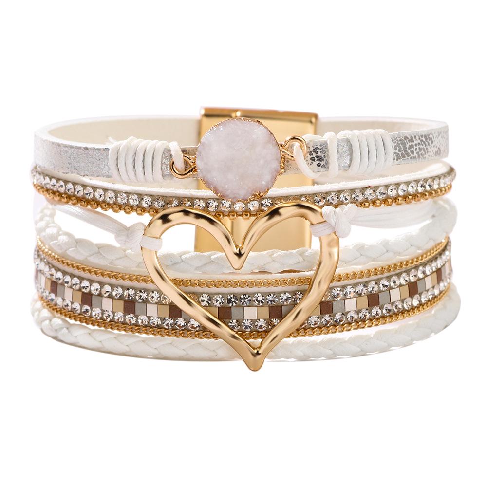 Bohemian Heart Rhinestone Magnetic Clasp Faux Leather Bracelet for Women