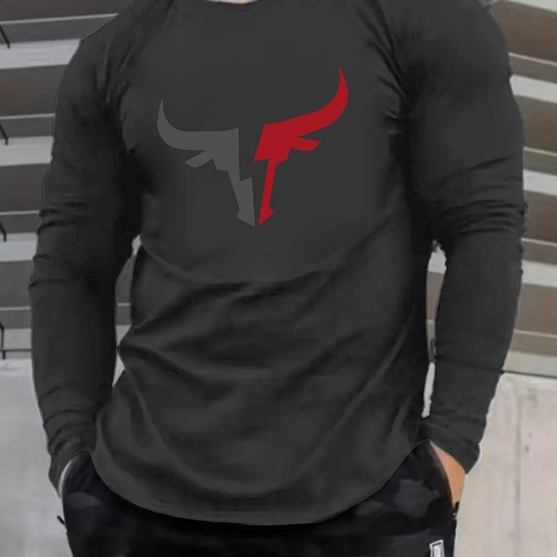 Men's Loose Fit Plus Size Comfortable Casual Sports Bull Pattern Printed Round Neck Long Sleeved T-shirt Top