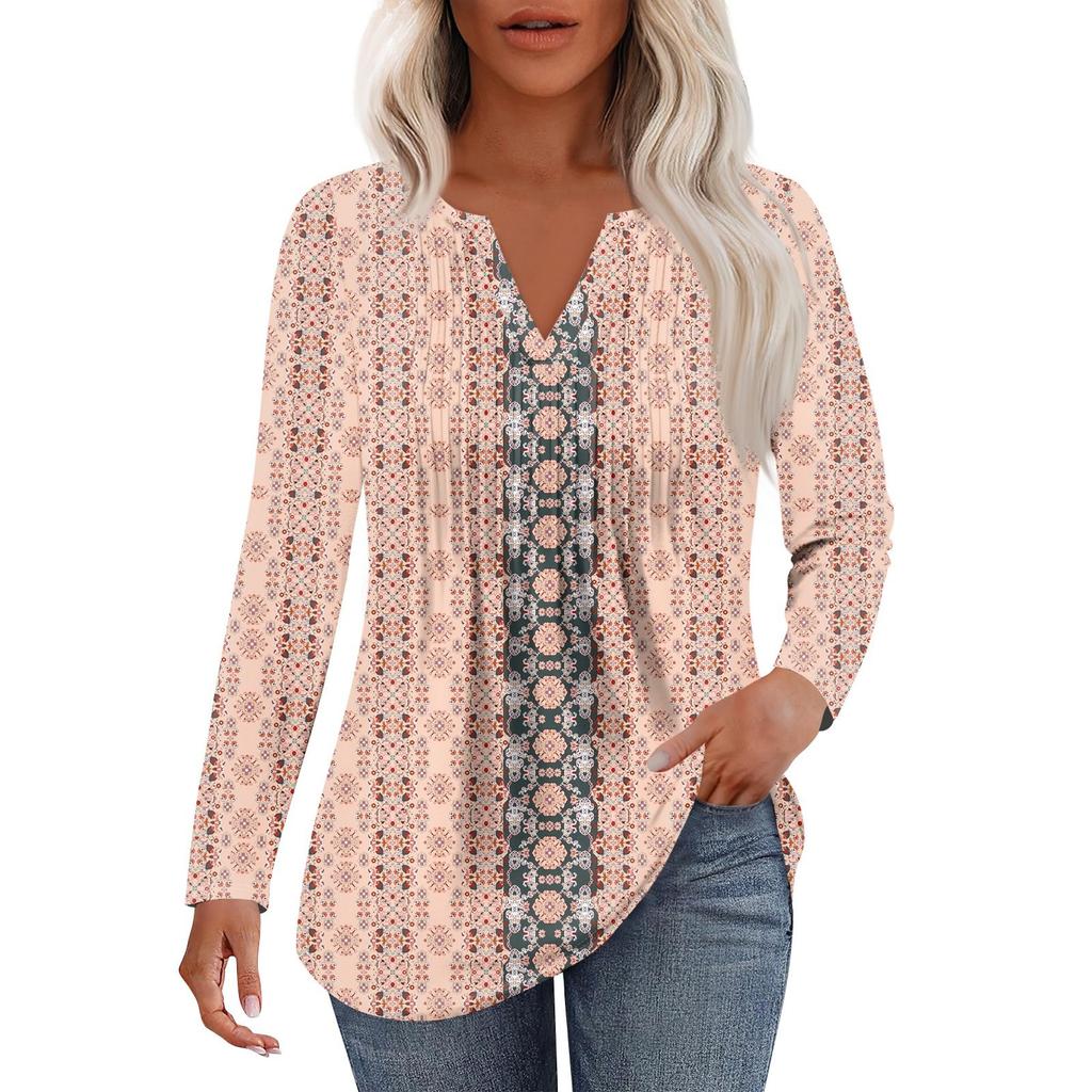 Dámská móda Ležérní Plisované Tričko s V výstřihem a Dlouhým Rukávem Elegantní Top