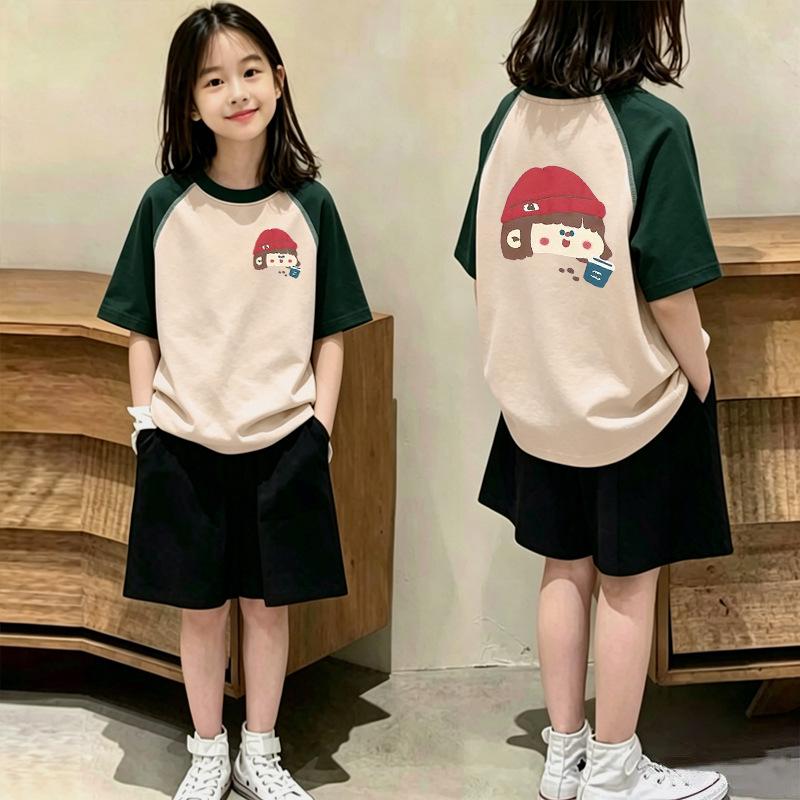 Trendy Color Block T-Shirt Set for Girls (6-15) - Summer Casual Two-Piece Patchwork Design