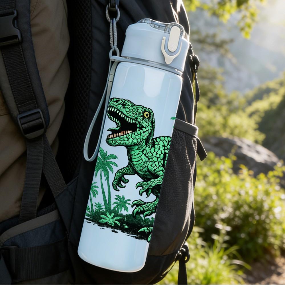 1PC Green T Rex Dinosaur Jungle Print 750ml Color Plastic Sports Water Bottle Leakproof Flip Straw Lid Suitable for Sports Office Home Use