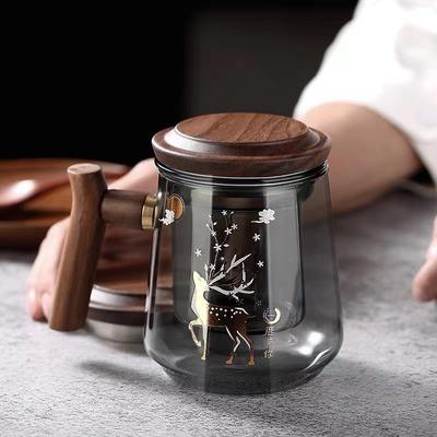 Tazza da tè in vetro borosilicato alto resistente alle alte temperature Separazione tè-acqua Può essere separata Tazza in legno a tre pezzi Tazza da ufficio