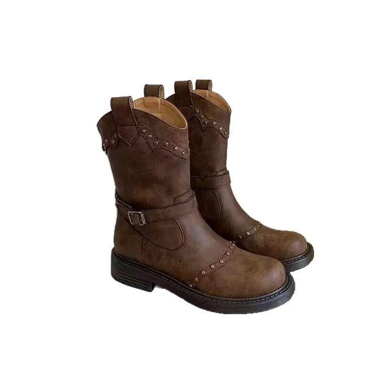 Retro belt buckle flat-bottomed willow nails western boots knight boots short boots women's 2025 summer new British Martin boots women