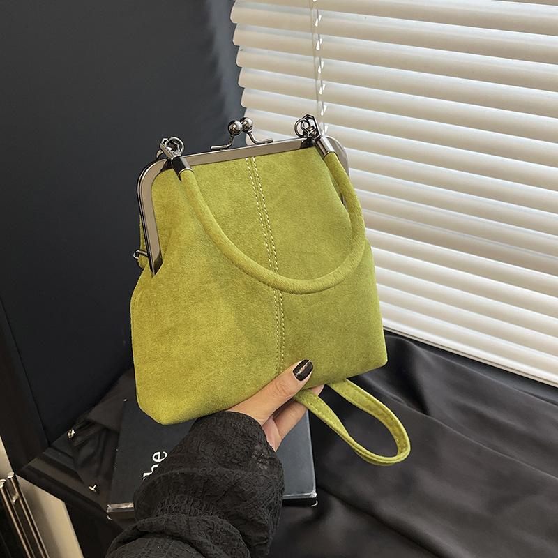 Large Capacity Retro Frosted Handbag Kiss Lock Short Handle Leather Crossbody Bag Clip Closure PU Clutch Shoulder Bag