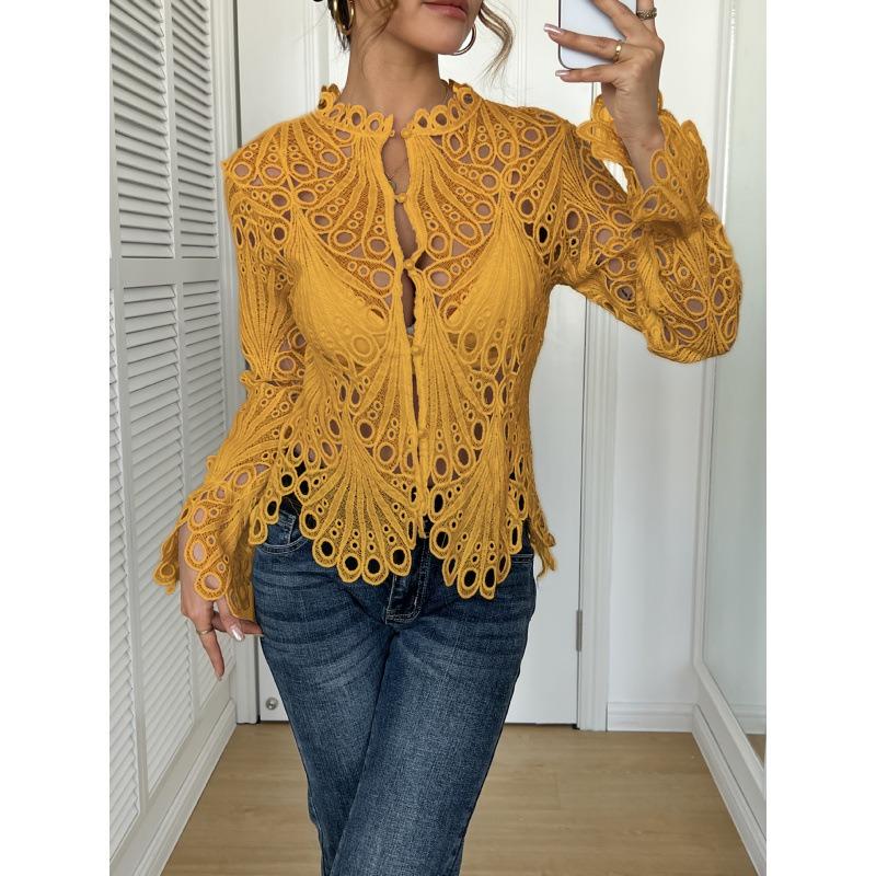Autumn New Fashion Sexy Hollow Lace Stand-up Collar Trumpet Sleeves Breathable Knitted Lace Shirt