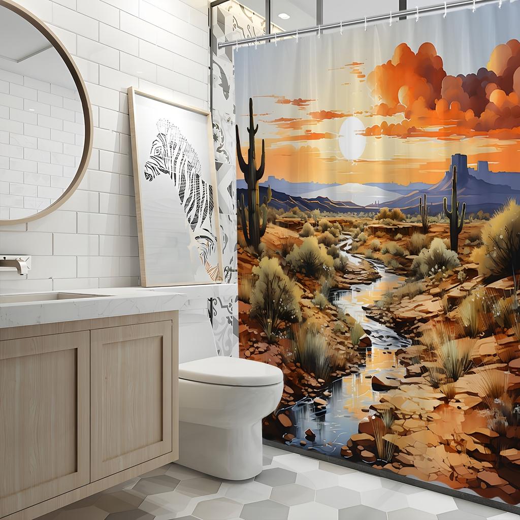 Desert Sunset Shower Curtain - Cactus Silhouettes, Orange Sky & Mountains, Polyester Fabric, Digital Painting