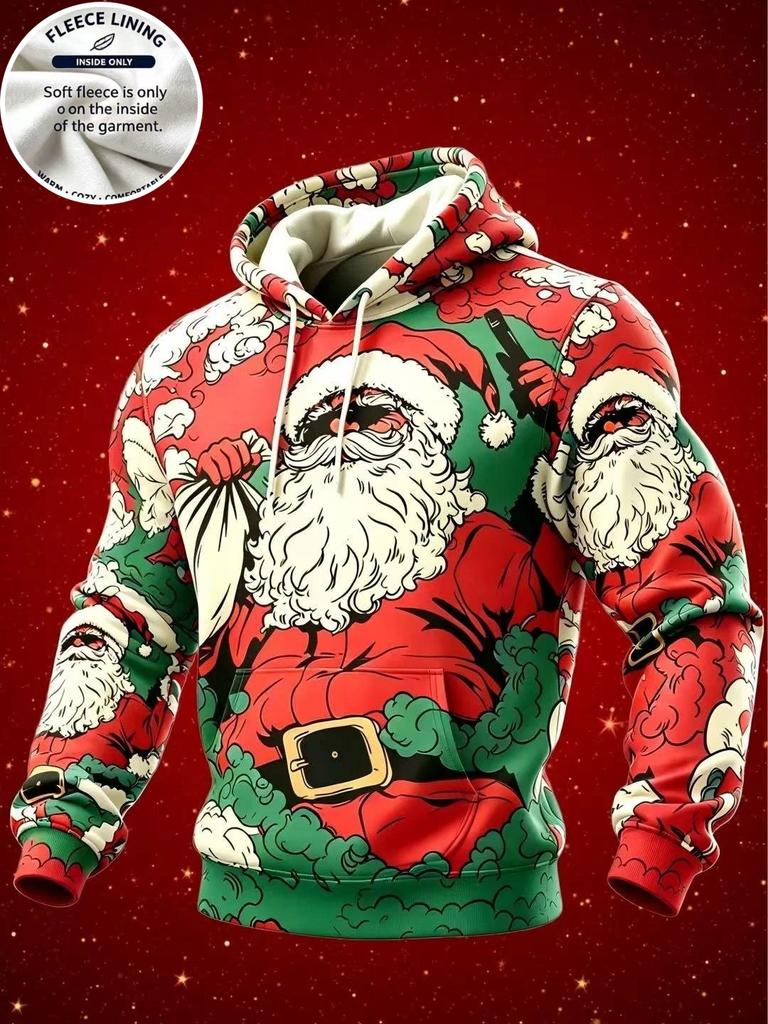 3D Print Christmas Fleece Hoodie Funny Santa Stuck In Chimney Reindeer Snow Scene Pullover Long Sleeve Holiday Sweatshirt
