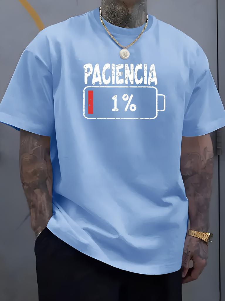 Unisex O Neck Tee Paciencia Battery Funny Text Print Cotton Short Sleeve Loose Summer Breathable Daily Casual Basic Wear Top