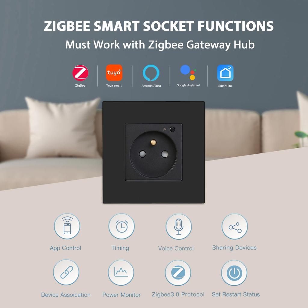 BSEED Zigbee French Smart Socket Doubel Wall Sockets Power Monitor Outlets Tuya Smart Life Alexa App Control Plastic Panel 16A