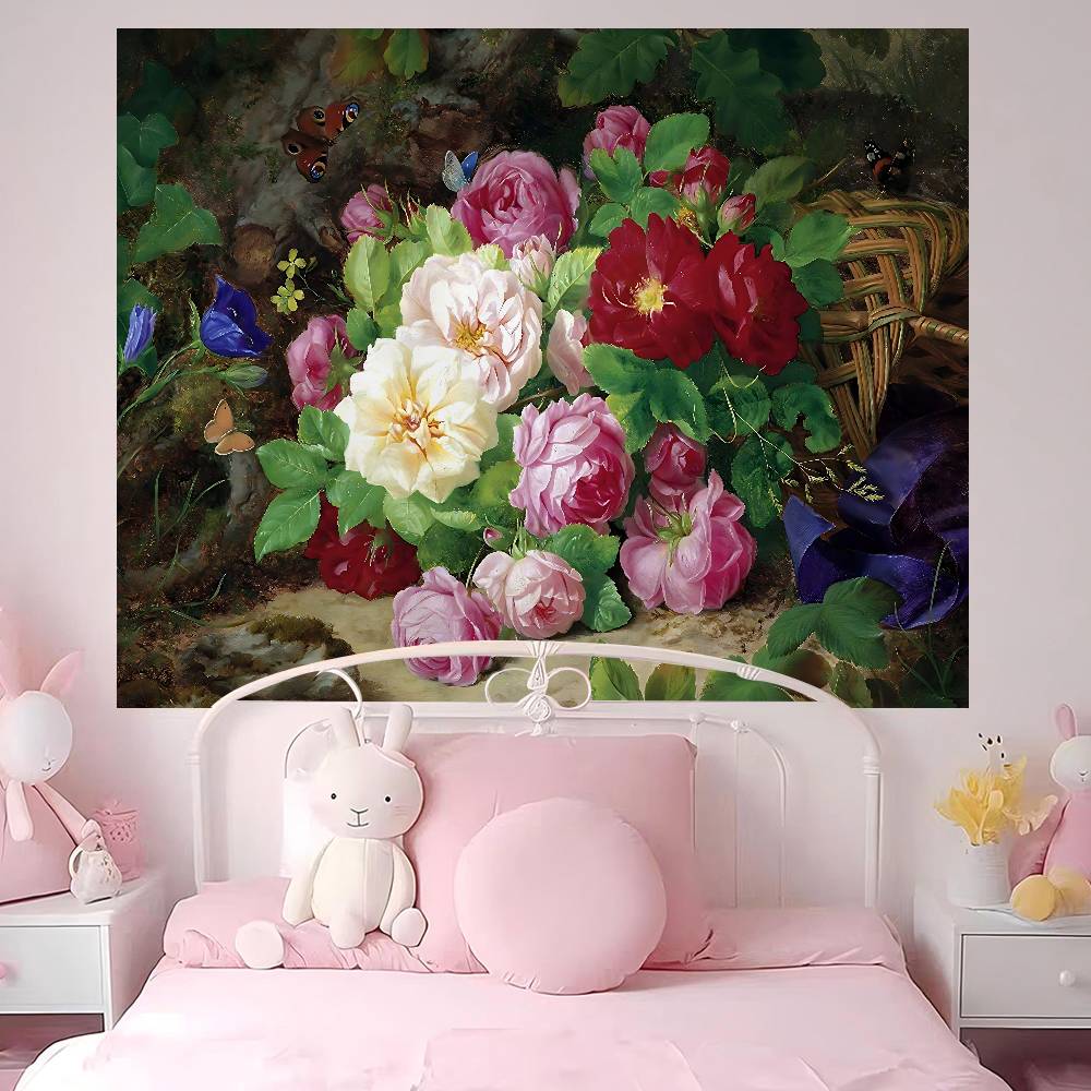 Vintage Flower Oil Painting Colorful Tapestry Wall Hanging Hanging Tarot Hippie Wall Rugs Dorm Wall Art Decor