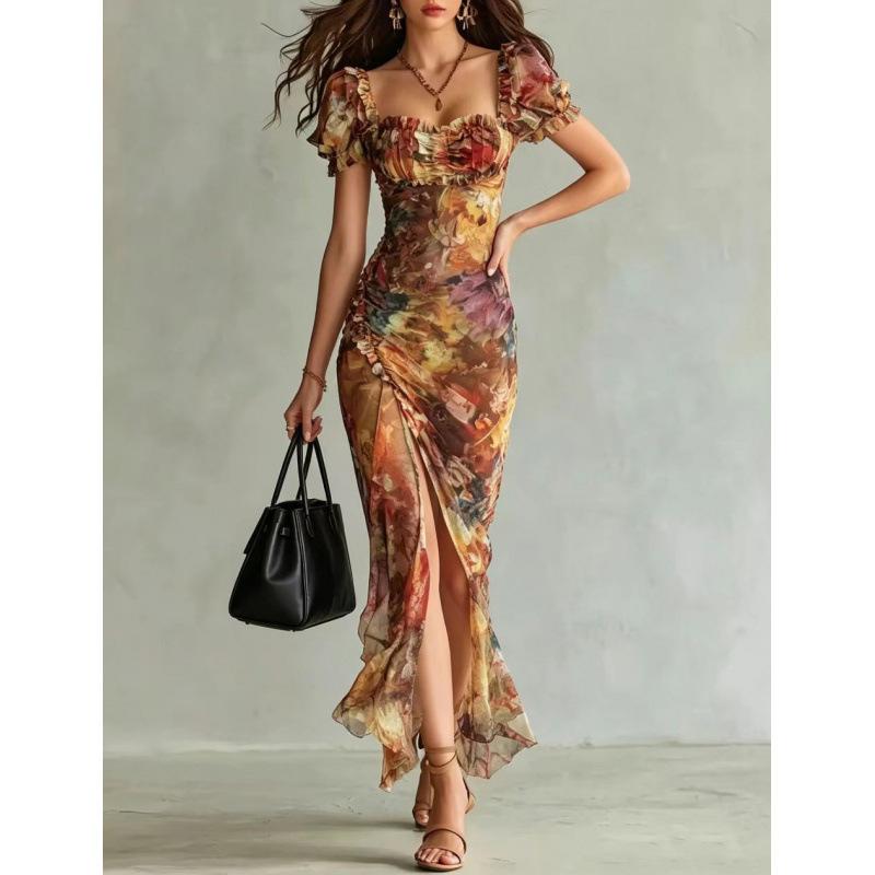 Europe, America 2026 summer new V-neck waist ruffle edge temperament dress, women's clothing