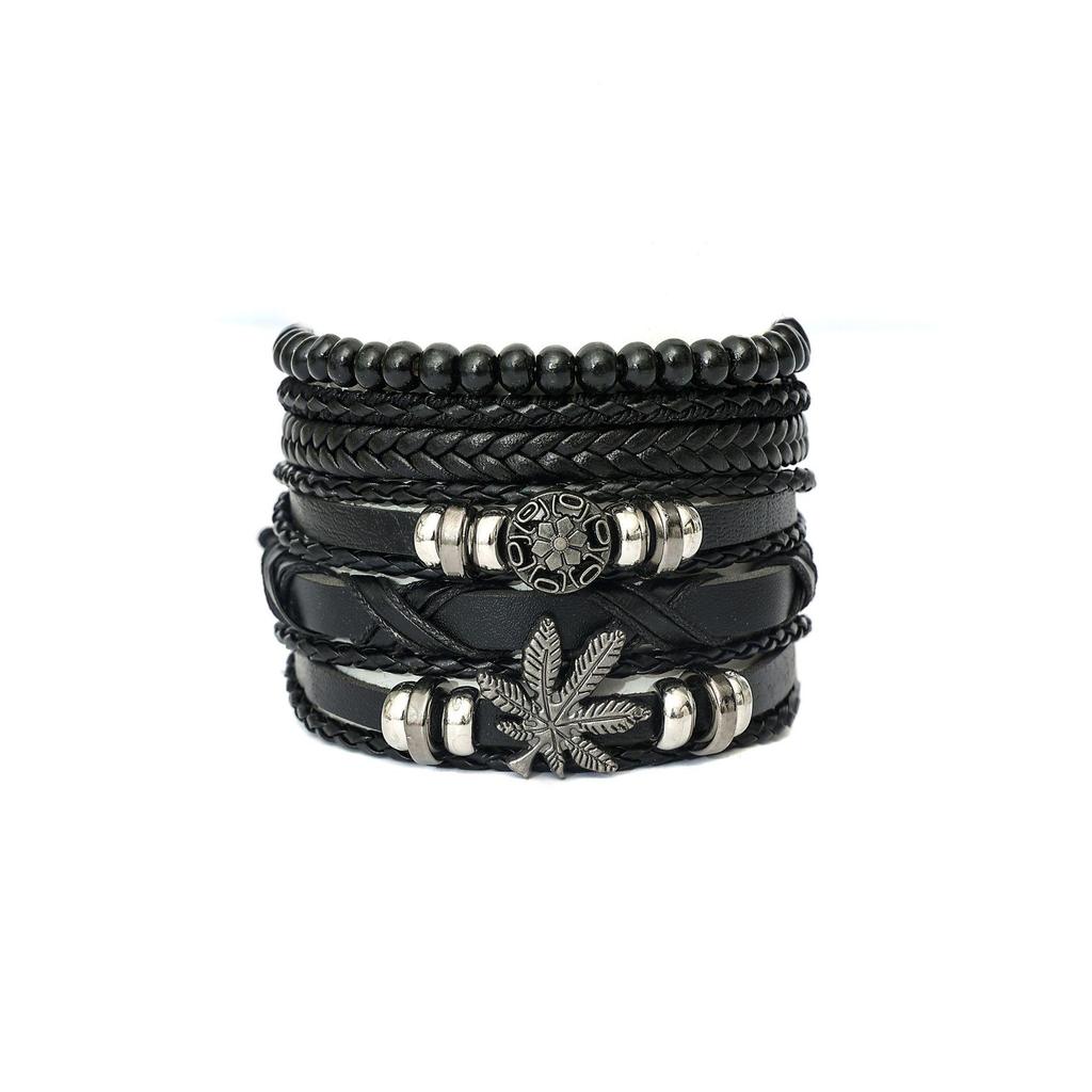 Retro Handmade Men's Woven Leather Bracelet with Bull Head & Feather Decor.