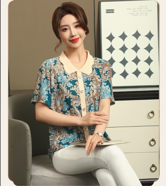 Women's Plus Size Ice Silk Pajama Set: Casual Short Sleeve Two-Piece for Middle-aged and Elderly Moms