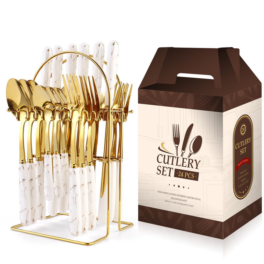 2026 Ceramic Handle Stainless Steel Tableware Set 24-piece Set Household Gold Knife and Fork Spoon Storage Shelf Gift Box