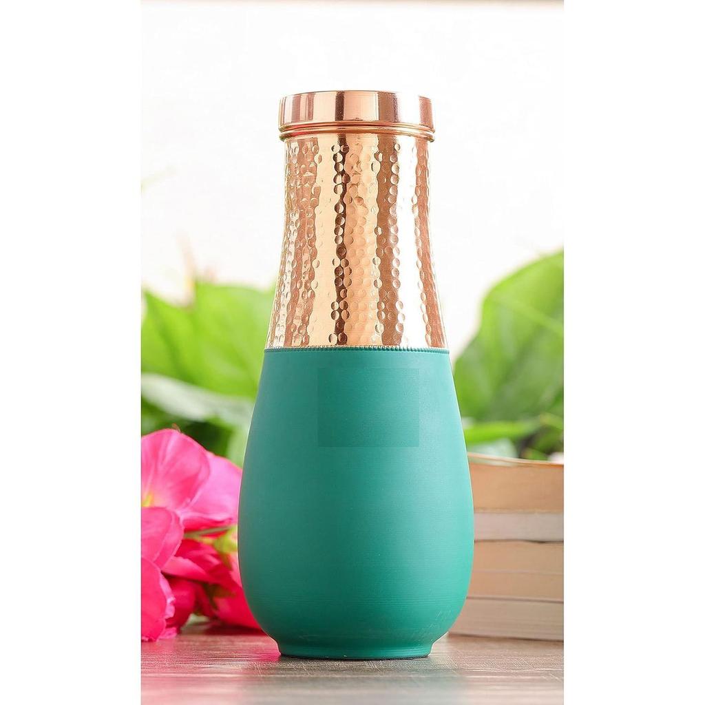 Pure Copper Bedroom Bottle, Vase Design Half Green Silk Half Hammered Finish, Drinkware & Storage Purpose - Volume 1425 Ml