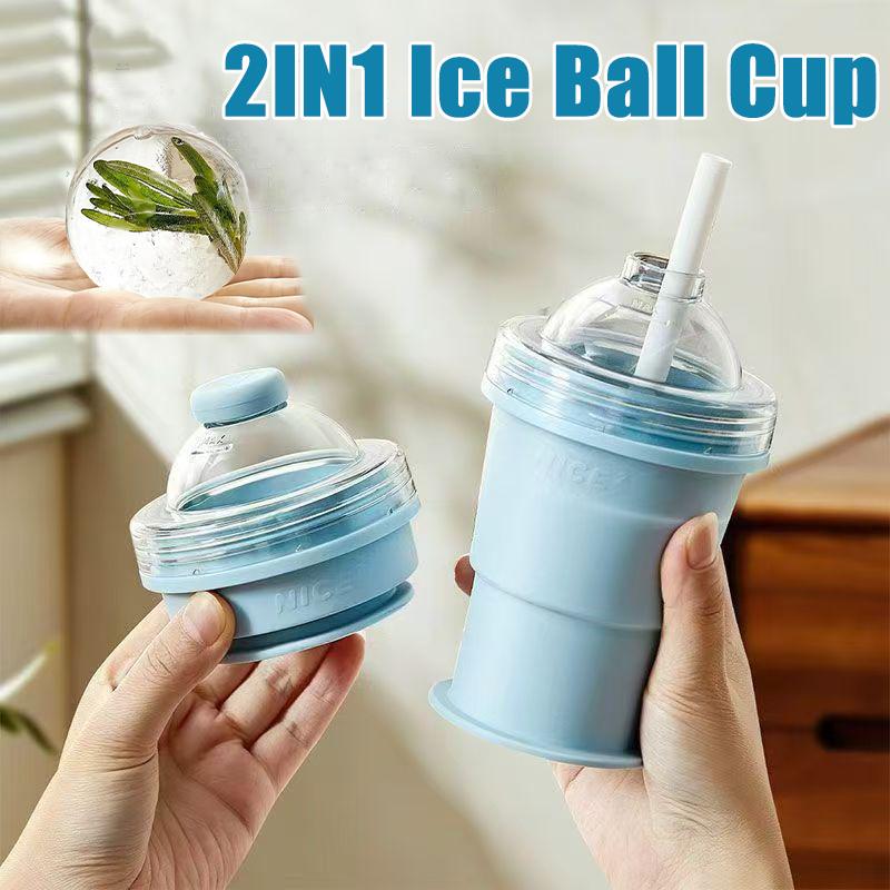 Summer Foldable Ice Ball Cup Silicone Water Bottle and Ice Mold 2in1 Ice Making Cup for Coffee Juice Drinks with Straw Lid