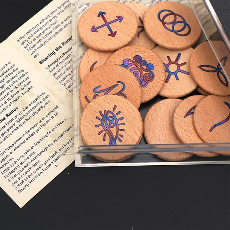 Hand Carved Wooden Runes Symbols Set Divination Runes Stone with Instruction and Storage Bag Heal Gift Decoration
