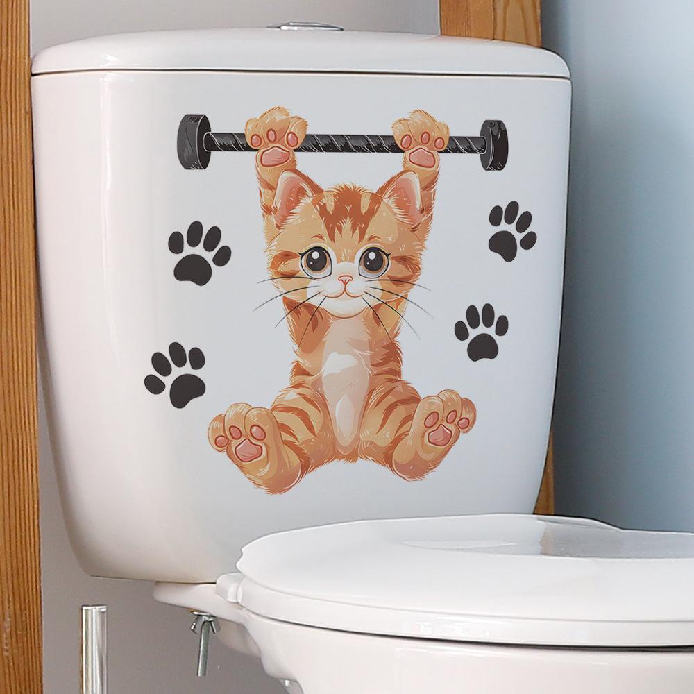 Fitness Kitten Toilet Seat Sticker Bathroom Decor Playful Removable Self-Adhesive Decal