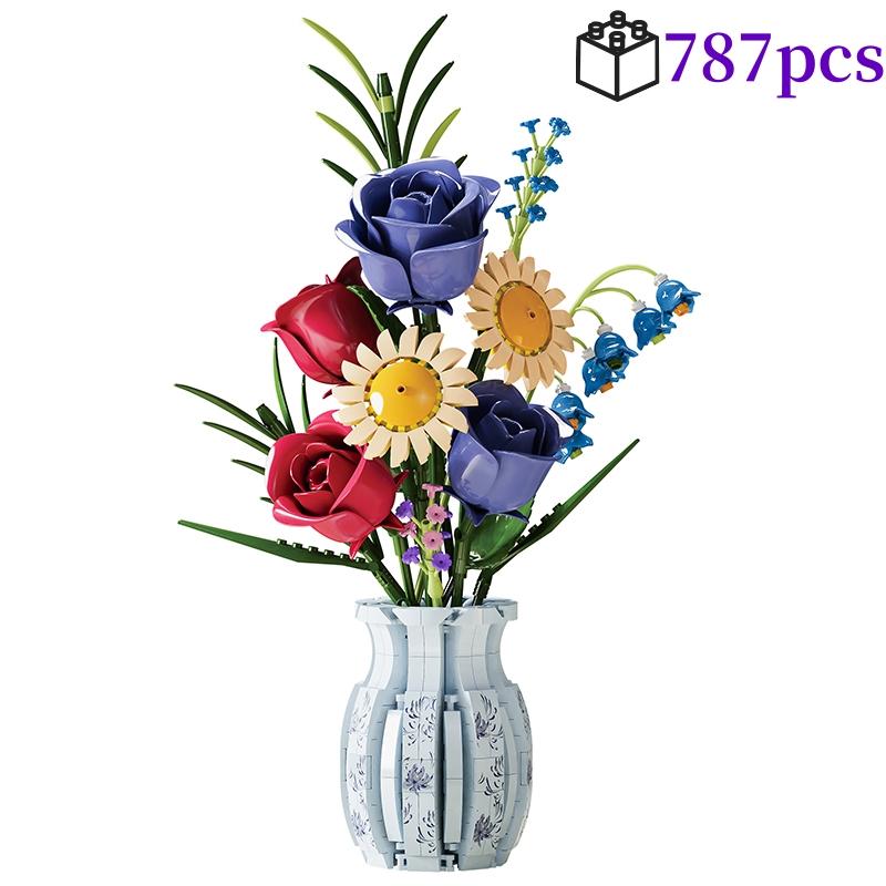 

Non-Toxic Moc Flower Bouquet Daisy Rose Lily Of The Valley With Vase Set Diy Building Block Model Home Decoration Valentine S Day Gifts
