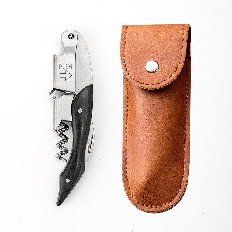 1PC Professional Waiter’s Corkscrew Double-Hinged Wine Opener with Wooden Handle & Leather Case, Durable Stainless Steel Wine Key