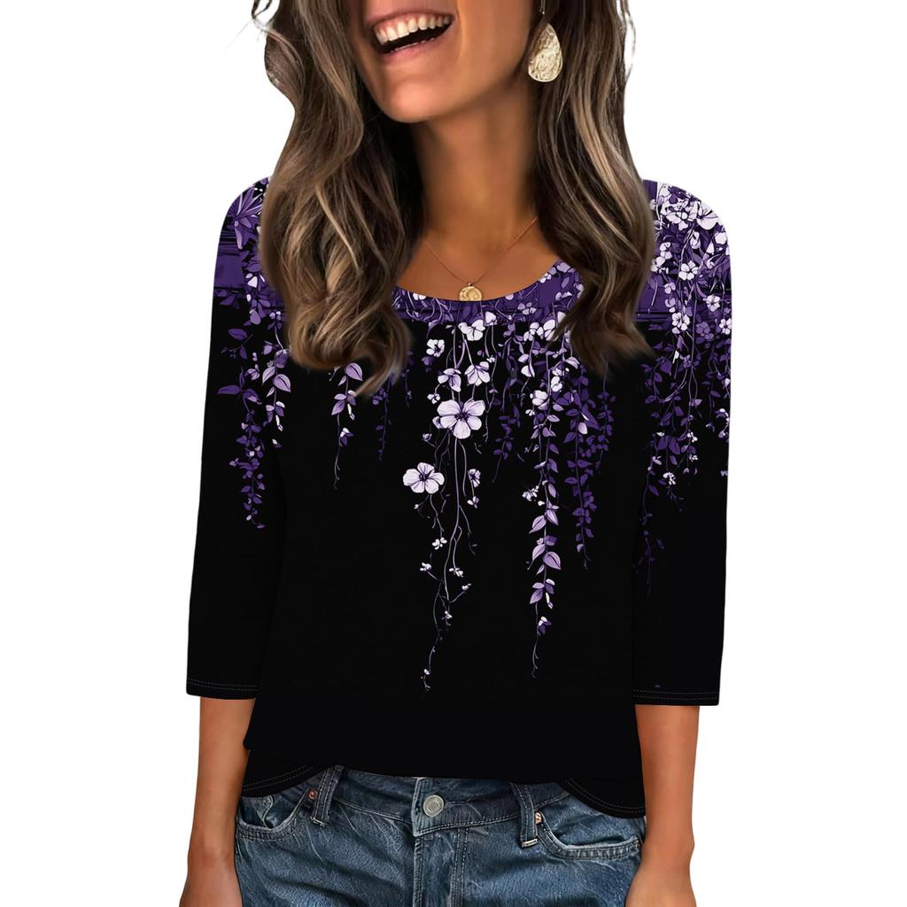 343/4 Sleeve Shirts For Women Cute Print Graphic Tees Blouses Casual Plus Size Basic Tops Pullover