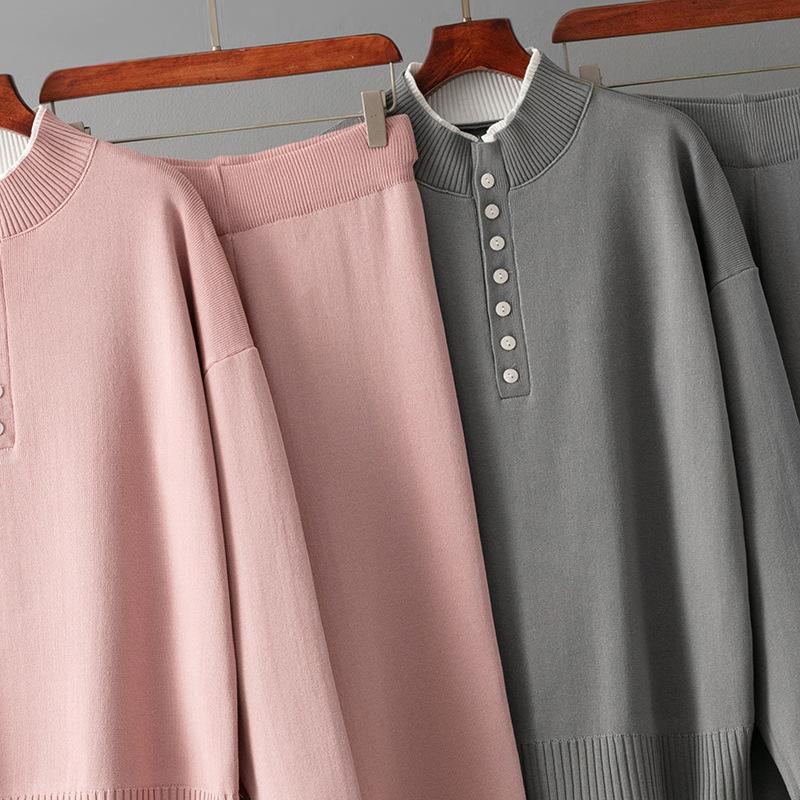 Mode Lässiger Wollanzug Damen Herbst und Winter Neu Lockerer Pullover Gestrickte Weitbeinige Hose Zweiteiliges Set