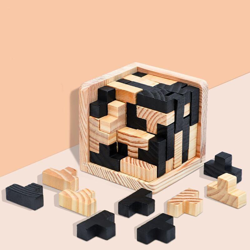 54T Kreatives 3D-Holzwürfel-Puzzle Luban-Schloss Tetris Lernspielzeug für Kinder Kinder Denkaufgabe