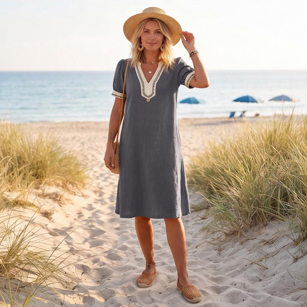 Ladies Casual Loose Bubble Sleeve Dress V Neck Mid Length Summer Dress Lightweight Comfortable Fabric Simple Design