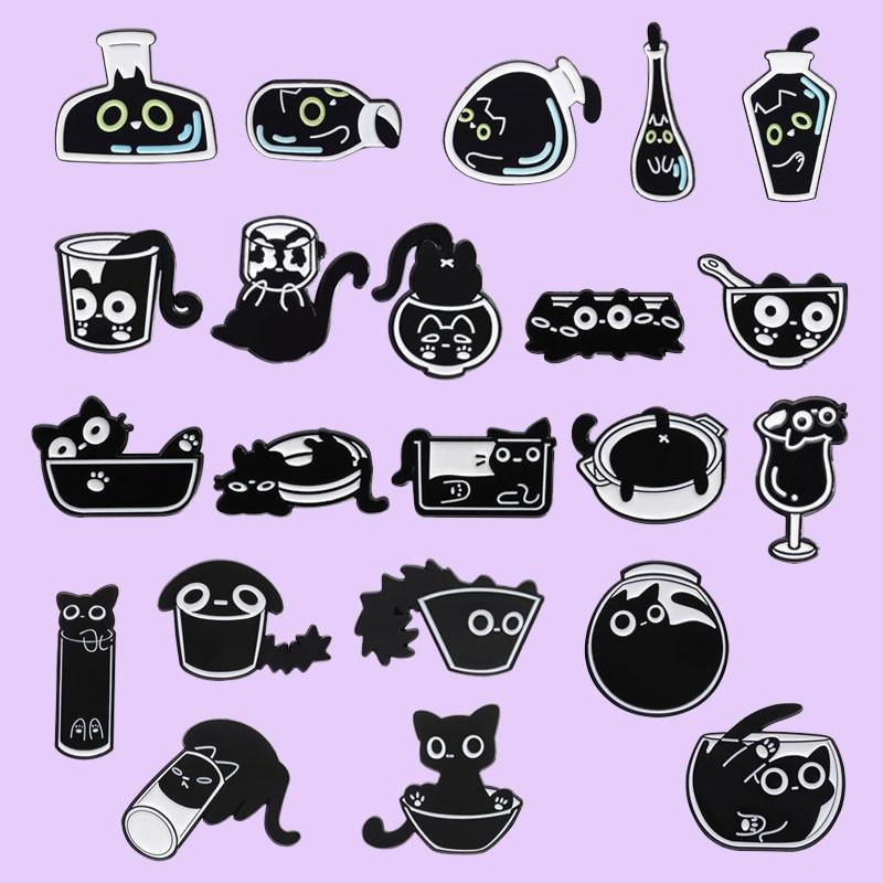 Stylish Cartoon Character Black Cat Brooches Set Charming Metal Accessories For All
